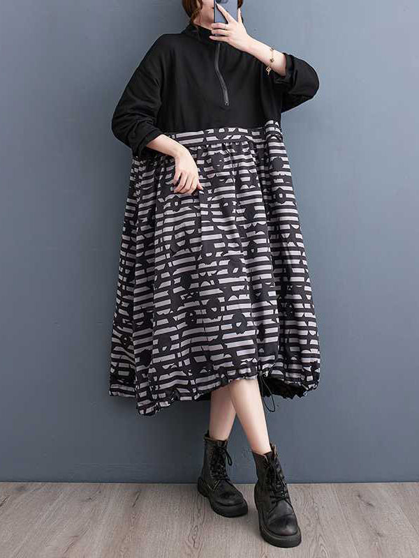 Long Sleeves Loose Drawstring Printed Split-joint Zipper Midi Dresses