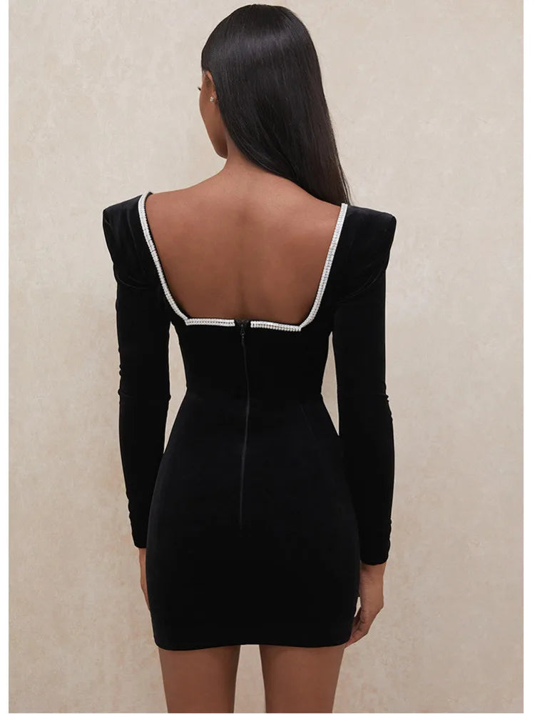 Deep V Wrapped Hip Velvet Backless ’s Dress Long Sleeve High Waist Temperament Mini Dress Party Club Clothing