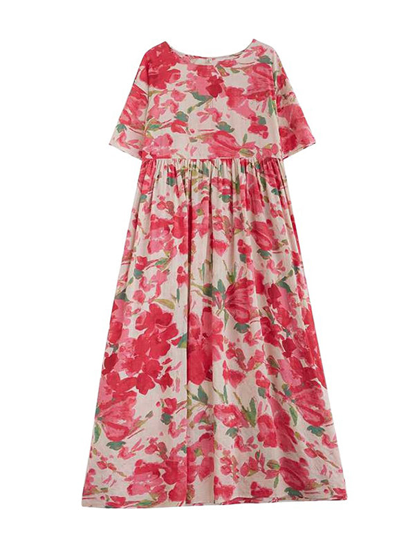 A-line Batwing Sleeves Flower Print Pleated Split-joint Round-neck Midi Dresses