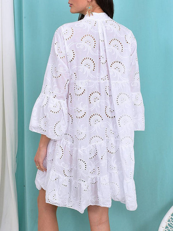 A-line Flared Sleeves Buttoned Hollow Color Split-joint V-neck Mini Dresses