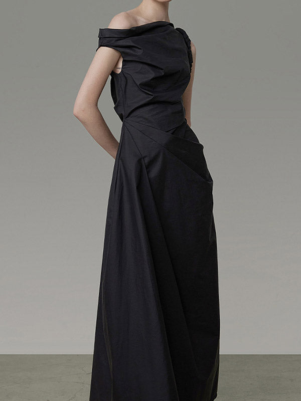 A-line High Waisted Asymmetric Color One-shoulder Midi Dresses