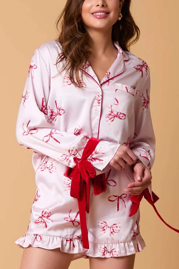 Christmas Printed Bow Tie Top and Elastic Waist Ruffle Shorts Set