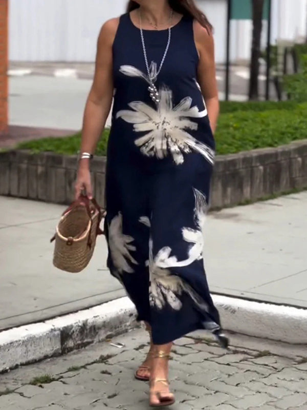 High Waisted Loose Flower Print Pockets Round-neck Midi Dresses