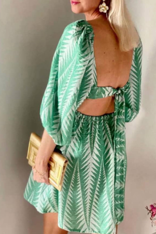 Summer Greens Linen Blend Print Balloon Sleeve Back Tie-up Mini Dress