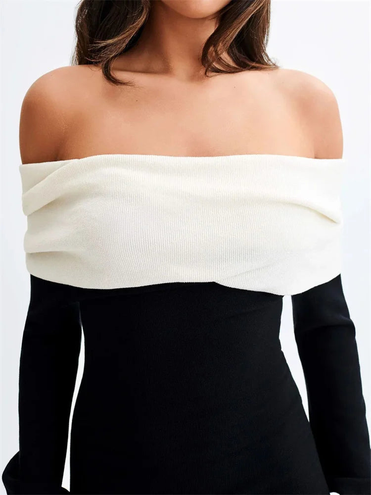 Backless Knitwear Long Dress Contrast Autumn Slim Party Dress Patchwork Knit Female Maxi Dress