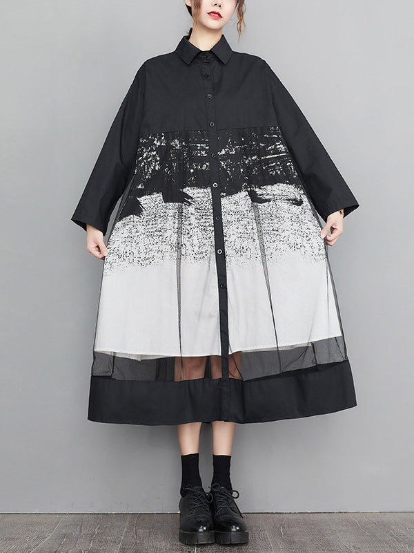 A-line Long Sleeves Buttoned Gauze Printed Split-joint Lapel Midi Dresses