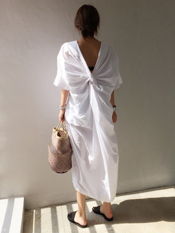 Half Sleeves Loose Pleated Color V-neck Midi Dresses