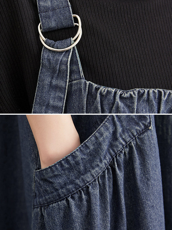 Loose Artistic Retro Color Strap Denim Midi Dress