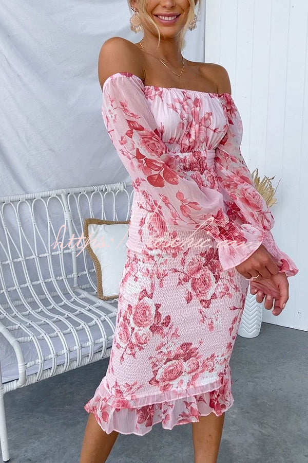 Shine Bright Off Shoulder Smocked Waist Midi Dress