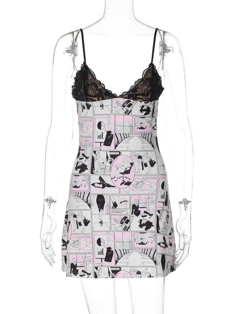 Lace Printed Halter Dresses ’s V-neck Backless Contrast Spaghetti Night Club Clothes Female Mini Dress