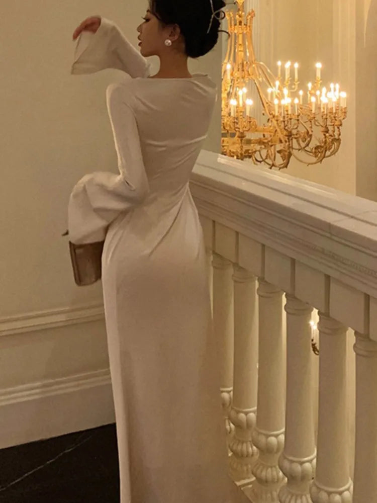 Autumn Satin Long Dresses for Flare Sleeve Slim Mermaid Spring French Wedding Party Prom Robe Vestidos Para Mujer