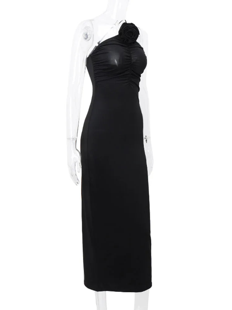 Flower Bodycon Maxi Dresses for Folds Slim Black Sundress ’s Backless Party Temperament Dresses Woman
