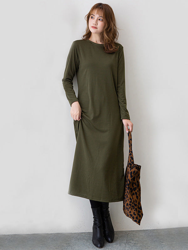 Simple Color Round-neck A-line Midi Dress