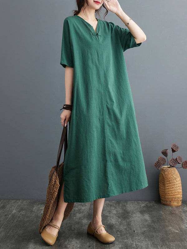 A-line Loose Chinese Frog Buttons Pockets Color Split-side V-neck Midi Dresses