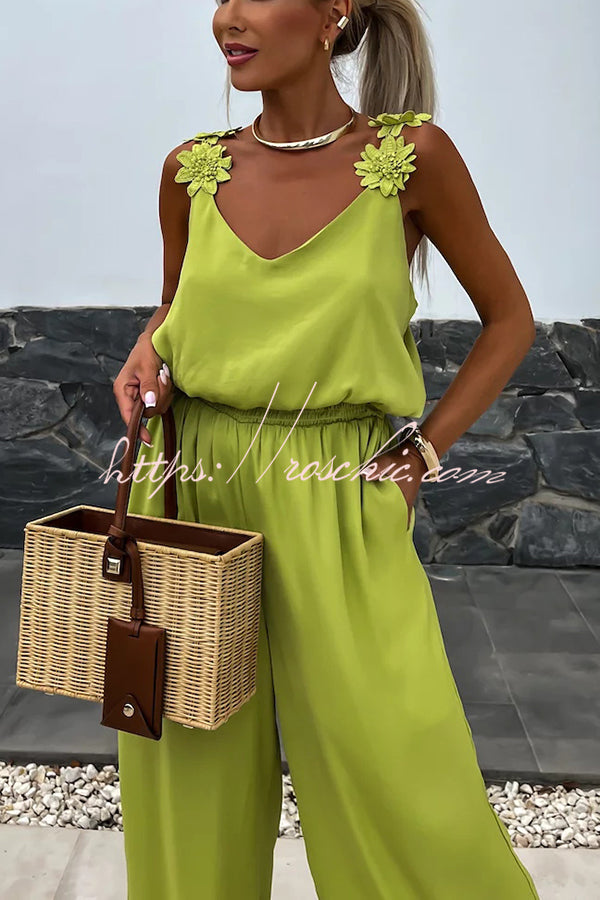 Color Embroidered Flower Suspenders Loose Jumpsuit