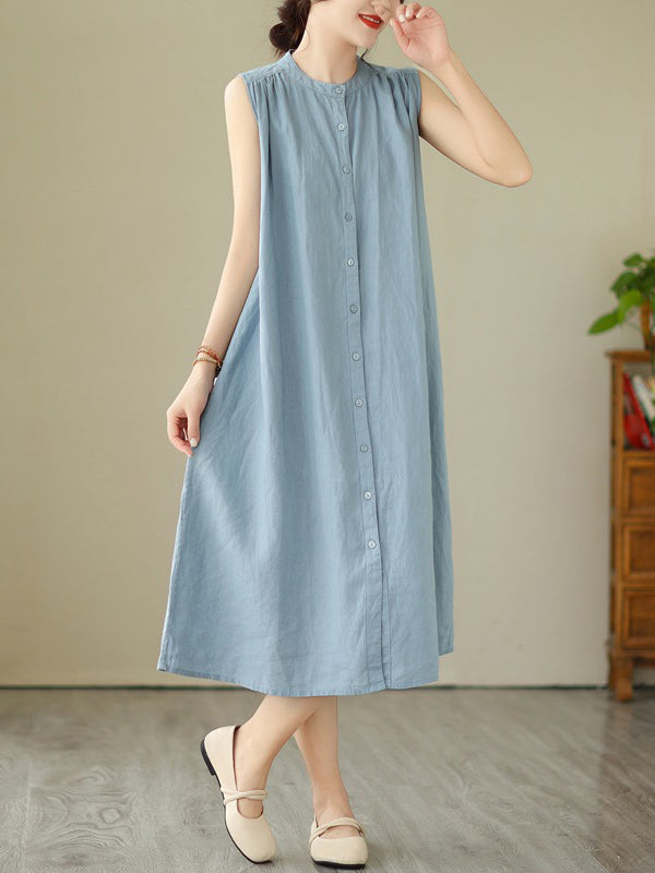 A-line Sleeveless Buttoned Pleated Color Round-neck Midi Dresses