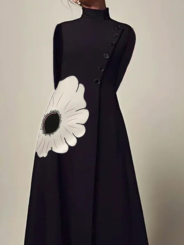 A-line Long Sleeves Flower Print High Neck Midi Dresses