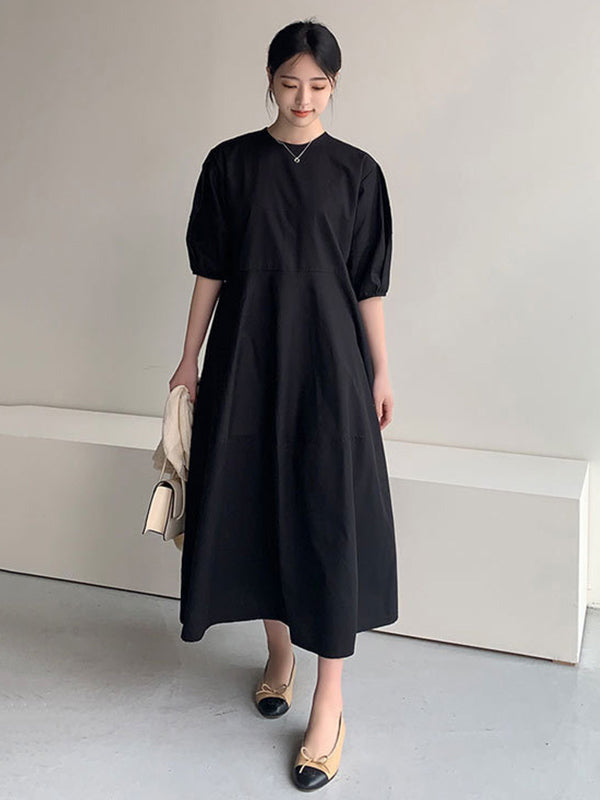 Round-neck Bishop Sleeve Loose Color Midi Dress