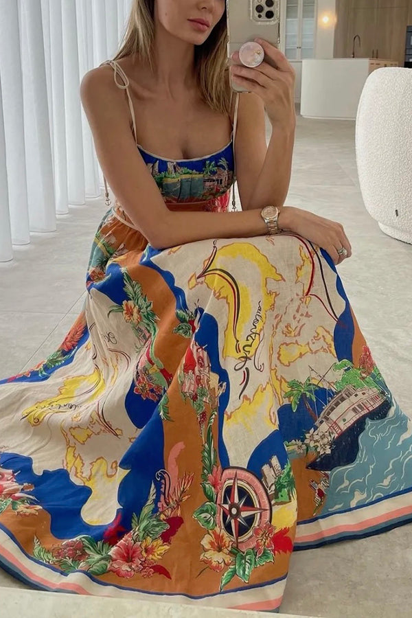 Unique Printed Lace-up Suspender Pockets Resort Style Midi Dress