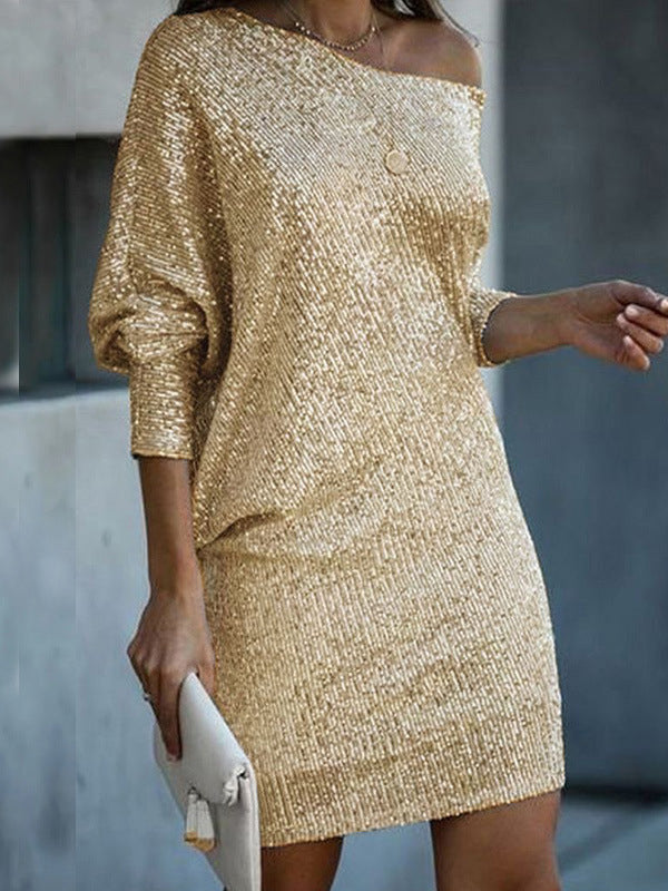 A-line Loose Asymmetric Sequined Color One-shoulder Mini Dresses