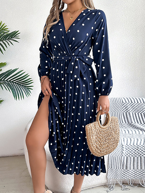 A-line High Waisted Elasticity Pleated Polka-dot Split-joint Tied Waist V-neck Midi Dresses Shirt Dress