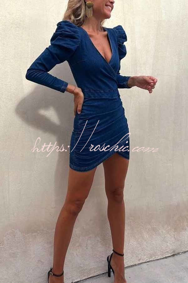 All the Best Denim Puff Sleeve Ruched Stretch Mini Dress