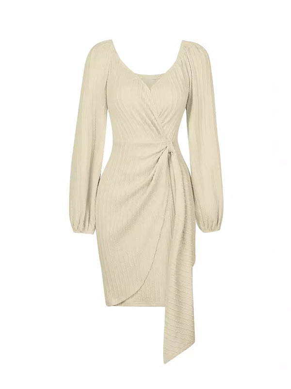 Bodycon Long Sleeves Pleated Color V-neck Mini Dresses