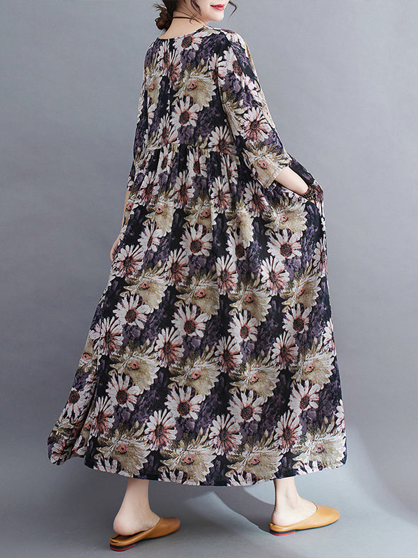 Loose Raglan Sleeve Printed Pleated Split-joint Round-neck Midi Dresses