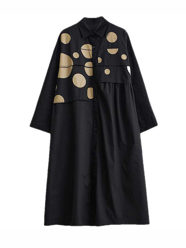 A-line Long Sleeves Asymmetric Buttoned Polka Dot Split-joint Lapel Midi Dresses