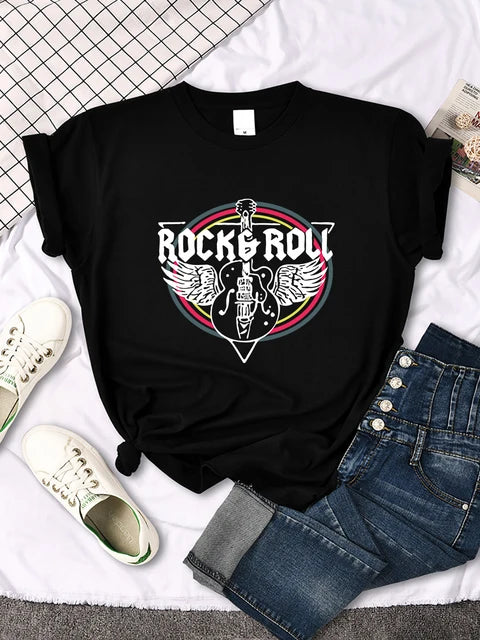 Rock Roll Electric Guitar Printed T-shirt Comfortable Tops Breathable Cool Short Sleeve O-neck Street Tee Clothing