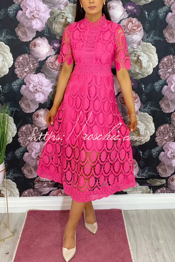 Crocheted Cutout Lace Short-sleeved Stand-collar Midi Dress