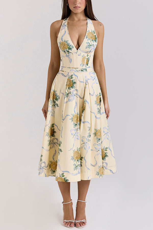Resort Star Print Waist Halterneck Tie Pocket Midi Dress