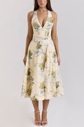Resort Star Print Waist Halterneck Tie Pocket Midi Dress
