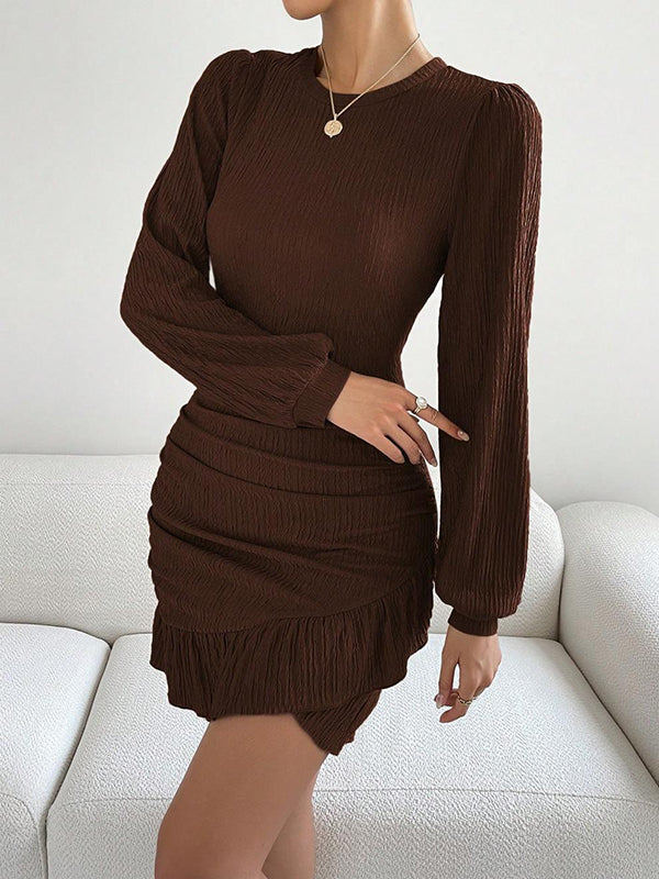 Bodycon Long Sleeves Pleated Ruffle Trim Color Split-joint Round-neck Mini Dresses
