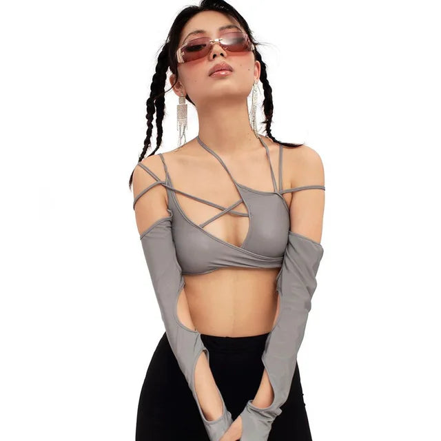 Punk Halter Tops Gothic Egirl Patchwork Long Sleeve Crop Top Cut Out T-shirts