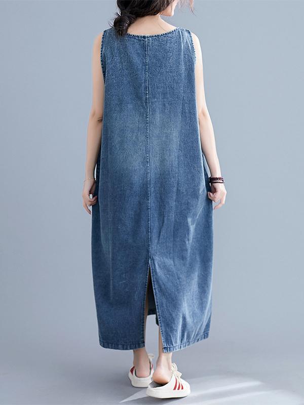 Loose Sleeveless Denim V-neck Midi Dress