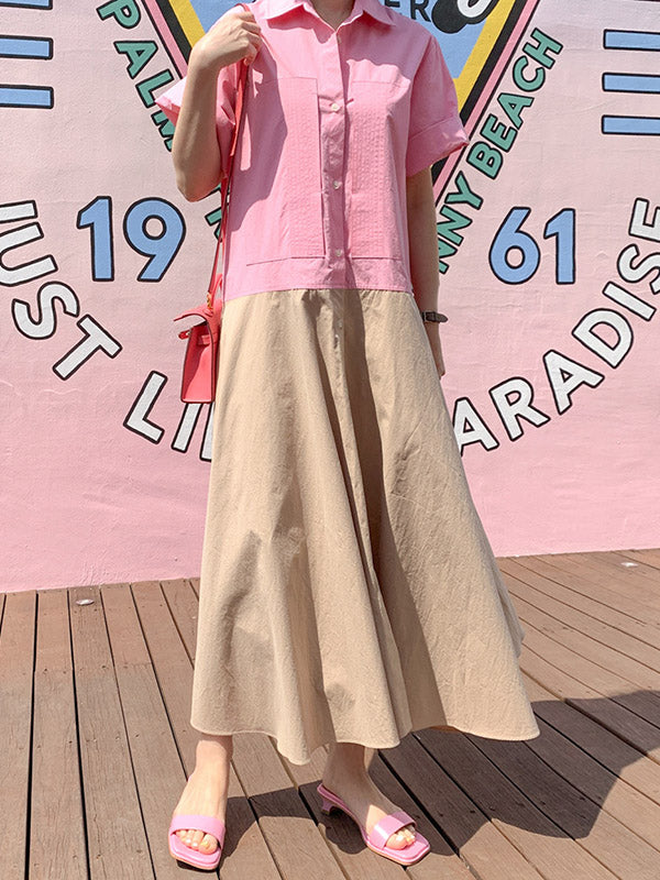 Split-joint Lapel Buttoned Short Sleeves Midi Dress