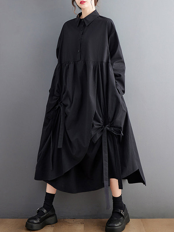 A-line Long Sleeves Buttoned Pleated Pockets Color Tied Lapel Midi Dresses Shirt Dress