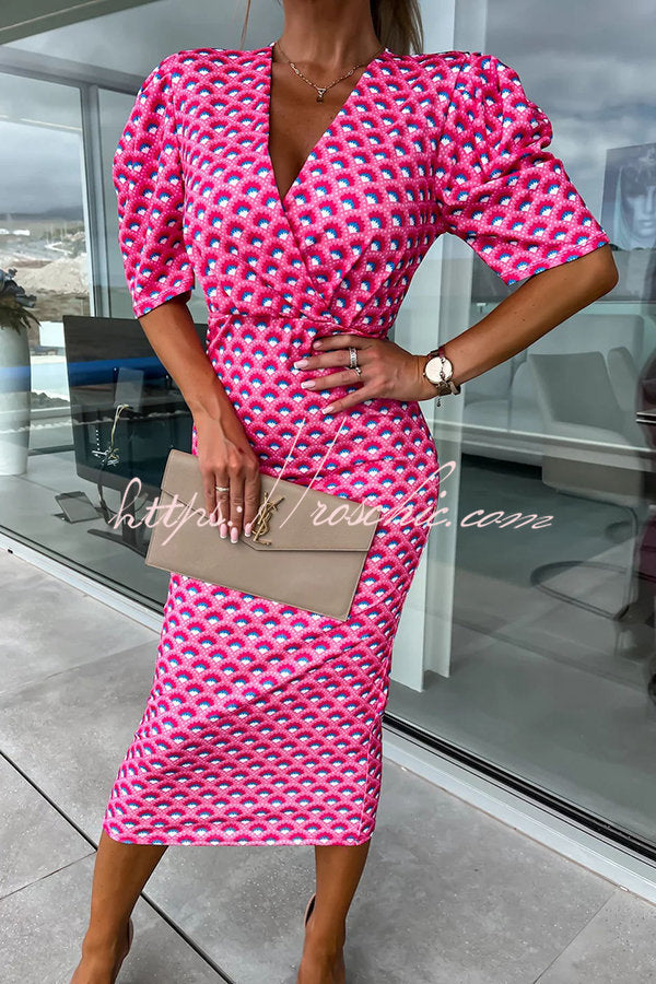 Late Night Gala Satin Printed Puff Sleeve Midi Dress
