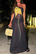 Dalia Tulle See Through Print One Shoulder Vacation Maxi Dress