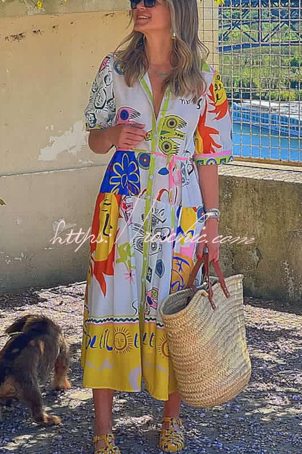 Chasing the Sun Unique Print Pocketed Shirt Midi Dress