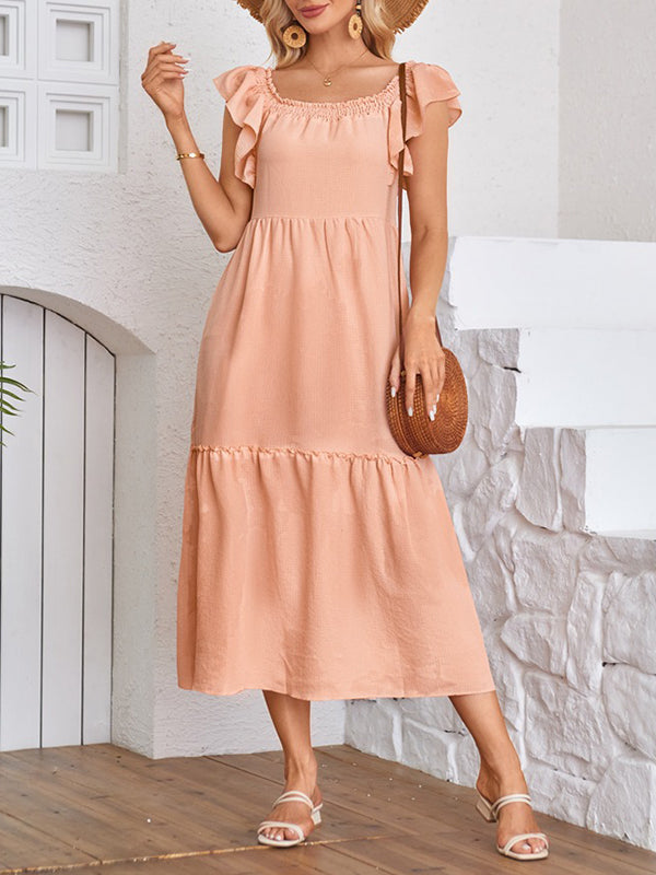 A-line Loose Elasticity Pleated Ruffled Color Split-joint Off-the-shoulder Midi Dresses