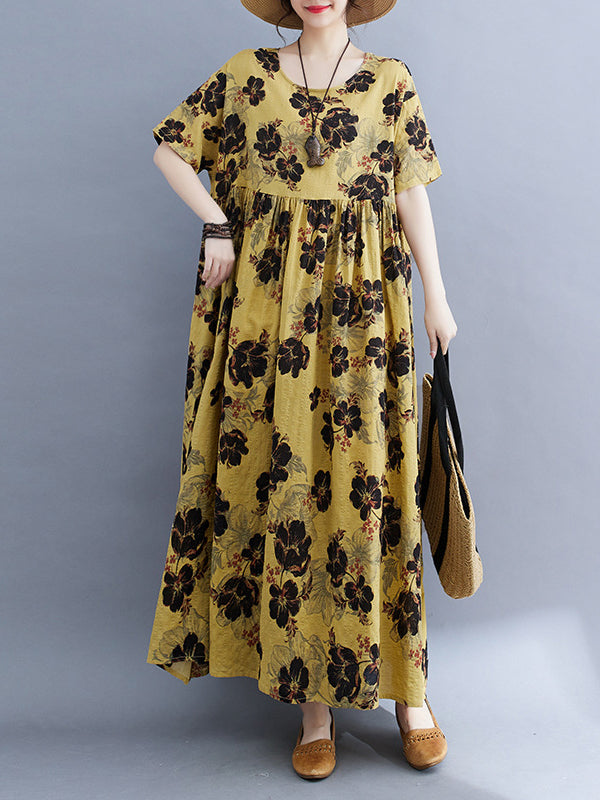 Loose Short Sleeves Pleated Printed Split-joint Round-neck Midi Dresses