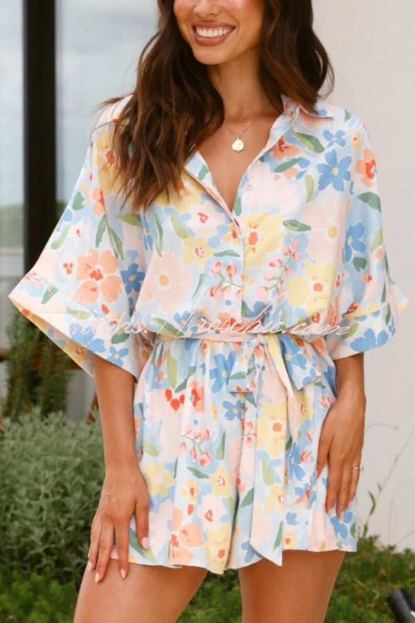 Print Lapel Half Sleeve Tie Waist Loose Rompers