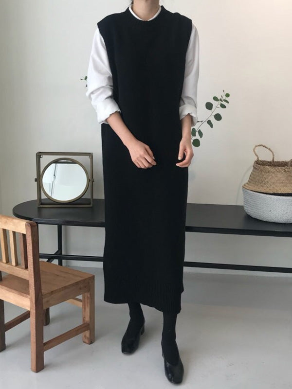 Urban Loose Sleeveless Color Round-neck Midi Dresses Sweater Dresses