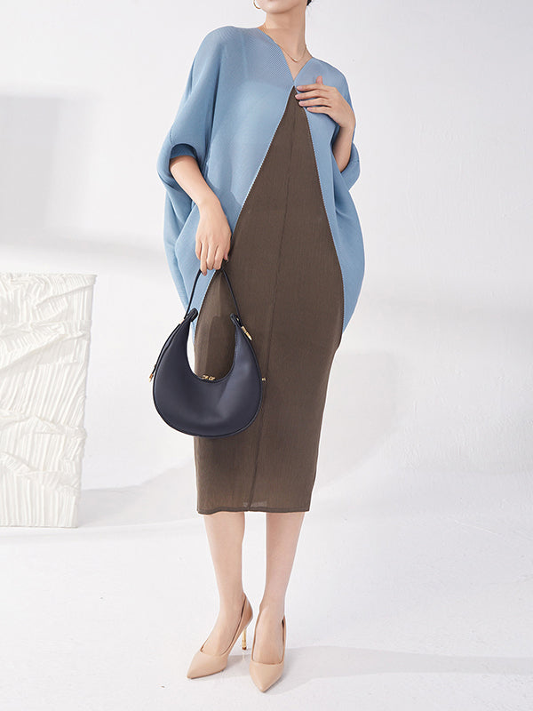 Batwing Sleeves Loose Contrast Color Pleated Round-neck Midi Dresses