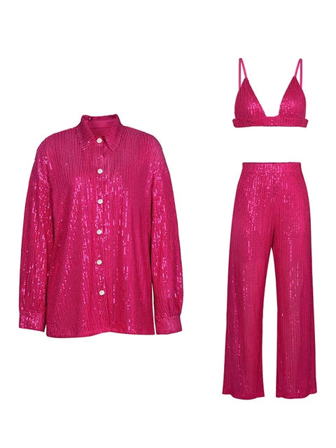Sparkly Two-piece Set Party Outfits for Sequin Top Blouse Shirt and Pants Suit Female Evening Tracksuit New