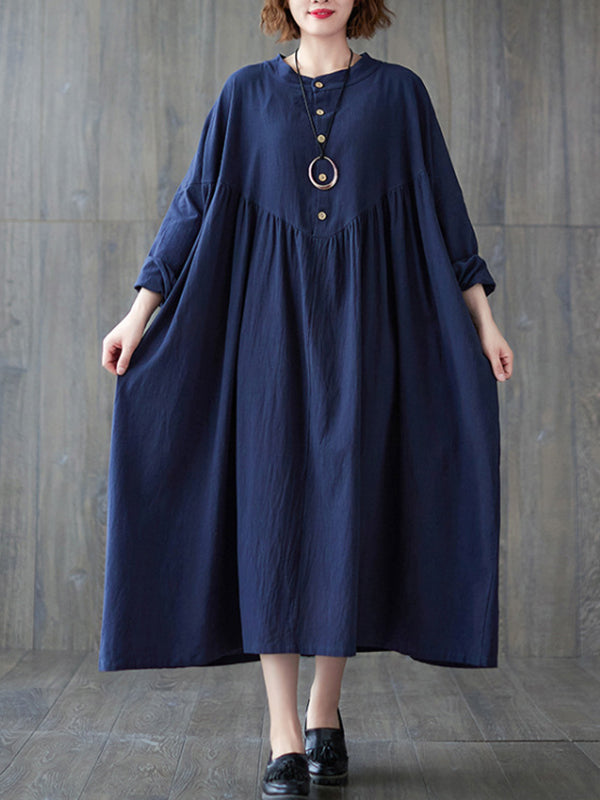 Loose Puff Sleeves Pleated Color Stand Collar Midi Dresses