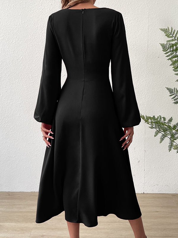 A-line High Waisted Elasticity Knot Pleated Color V-neck Midi Dresses