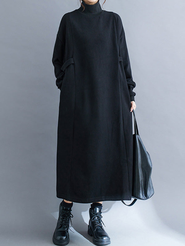 A-line Long Sleeves Color Mock Neck Midi Dresses